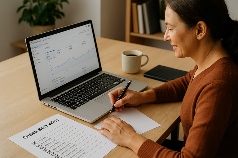 quick SEO wins: A New Zealand small business owner sits at a desk with a laptop showing Google Analytics. A checklist titled “Quick SEO Wins” and a coffee cup are on the desk, symbolising easy SEO improvements being completed step by step.