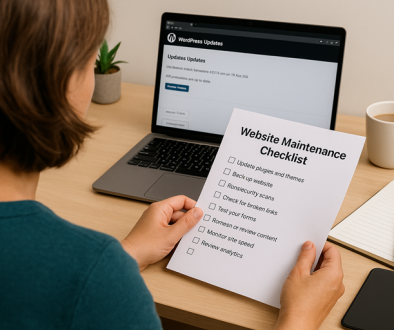 Over-the-shoulder view of a New Zealand small business owner reviewing a printed Website Maintenance Checklist at a tidy desk. The laptop screen shows the WordPress updates page, while a coffee cup, smartphone, and notepad complete the scene, symbolising regular and practical website upkeep.