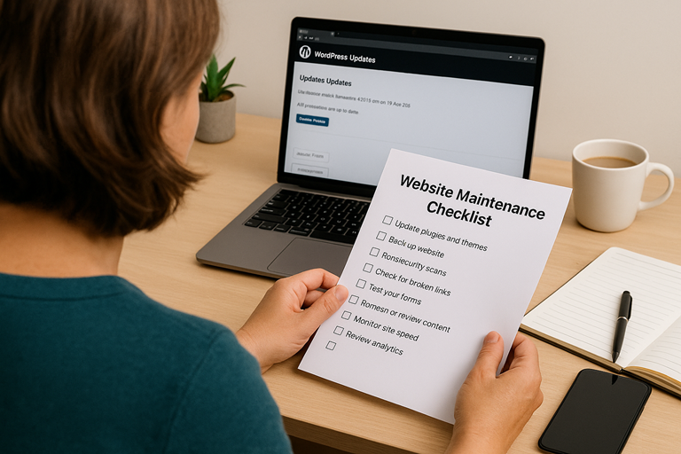 Over-the-shoulder view of a New Zealand small business owner reviewing a printed Website Maintenance Checklist at a tidy desk. The laptop screen shows the WordPress updates page, while a coffee cup, smartphone, and notepad complete the scene, symbolising regular and practical website upkeep.